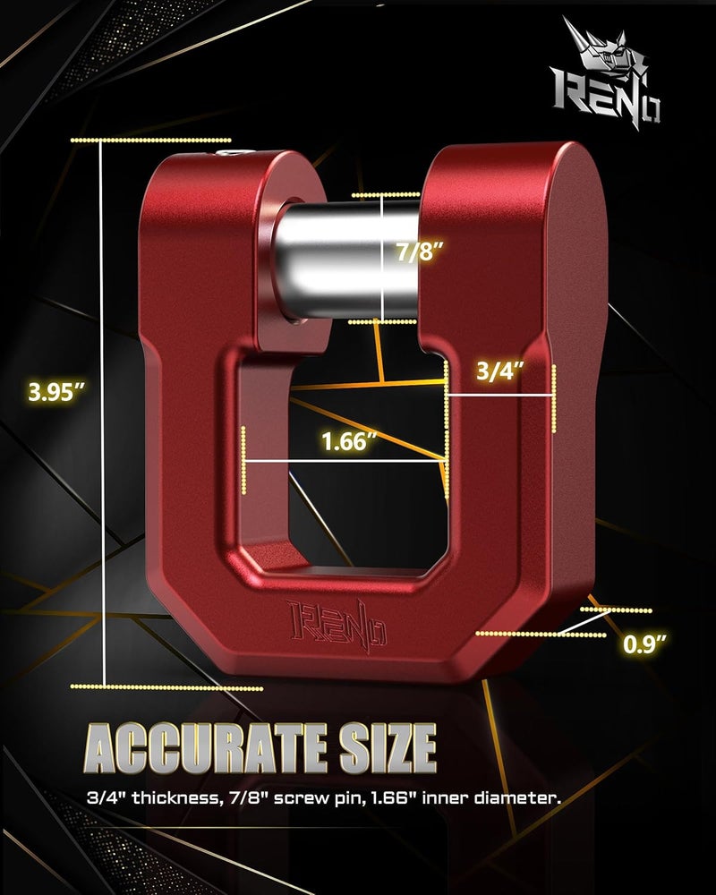 Reno 3/4" D Ring Shackle, 68,000 lbs Break Strength with 7/8" Inch Pin Universal Use with Tow Strap Winch for Off-Road Truck ATV UTV SUV Recovery Towing Trailer (Aluminum, 2 Pack, Red) - Image 3